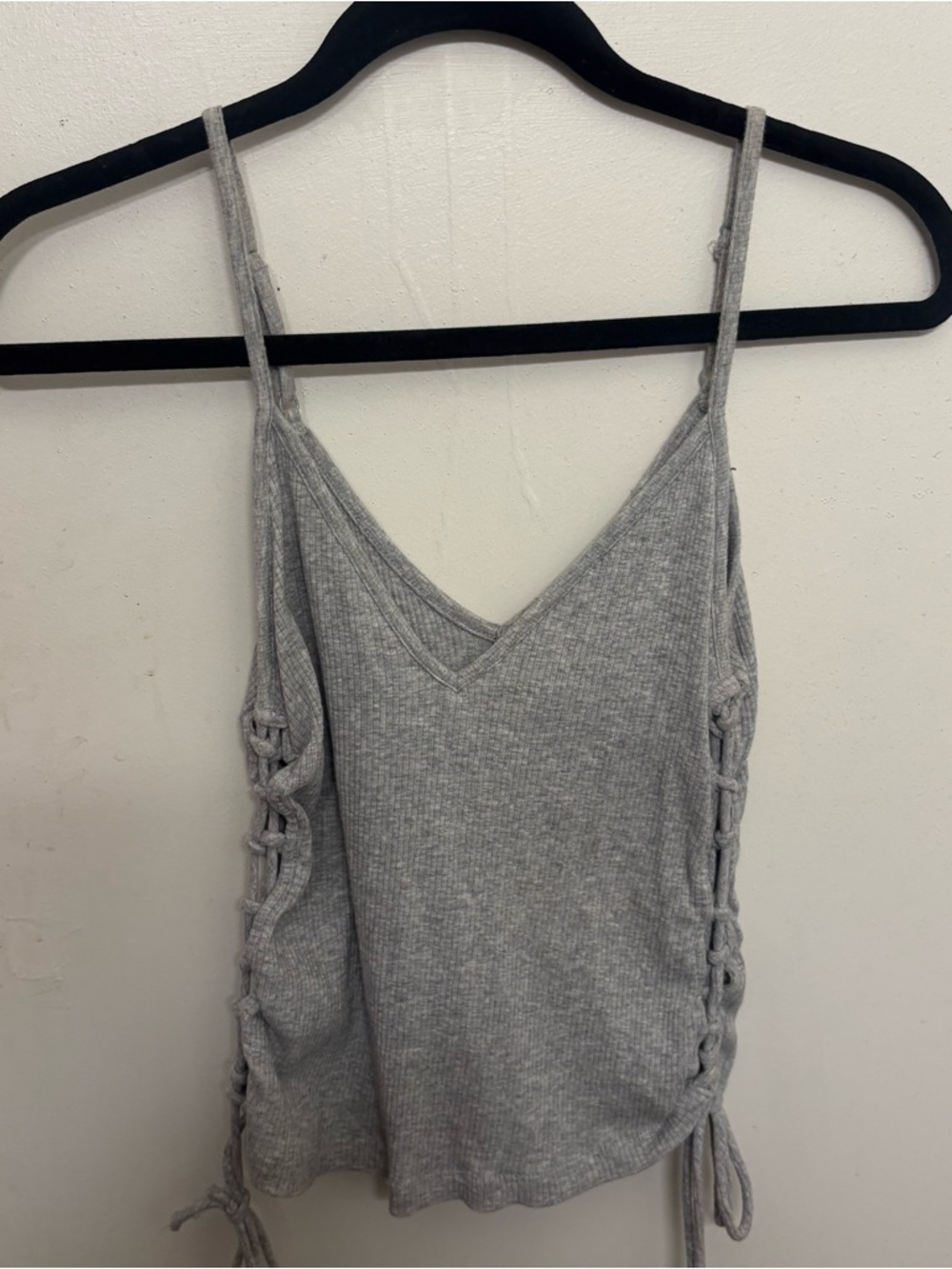 Grey Ribbed V-Neck Lace-Up Cami Top